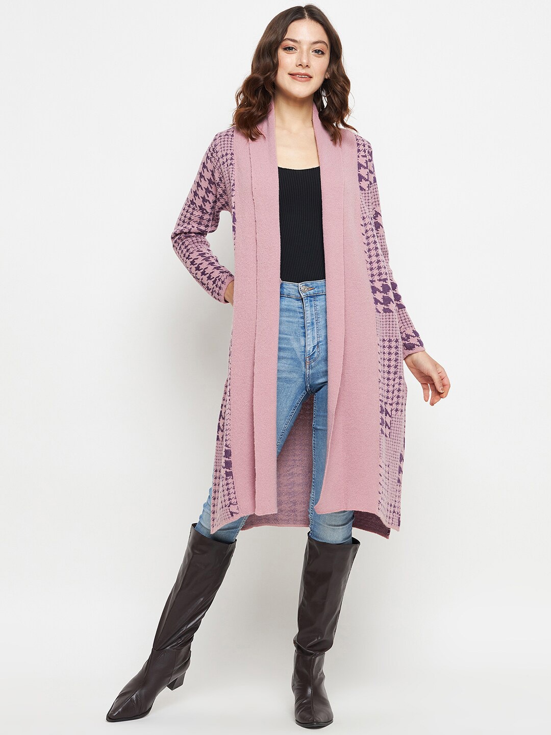 

CREATIVE LINE Geometric Self Design Longline Woolen Shrug, Purple