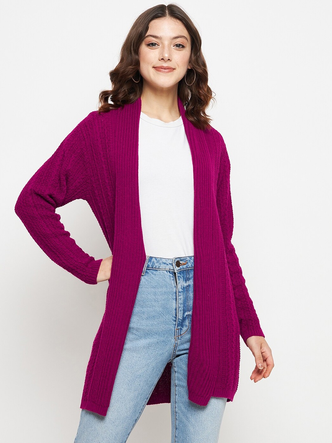 

CREATIVE LINE Self Design Knitted Longline Woolen Shrug, Burgundy