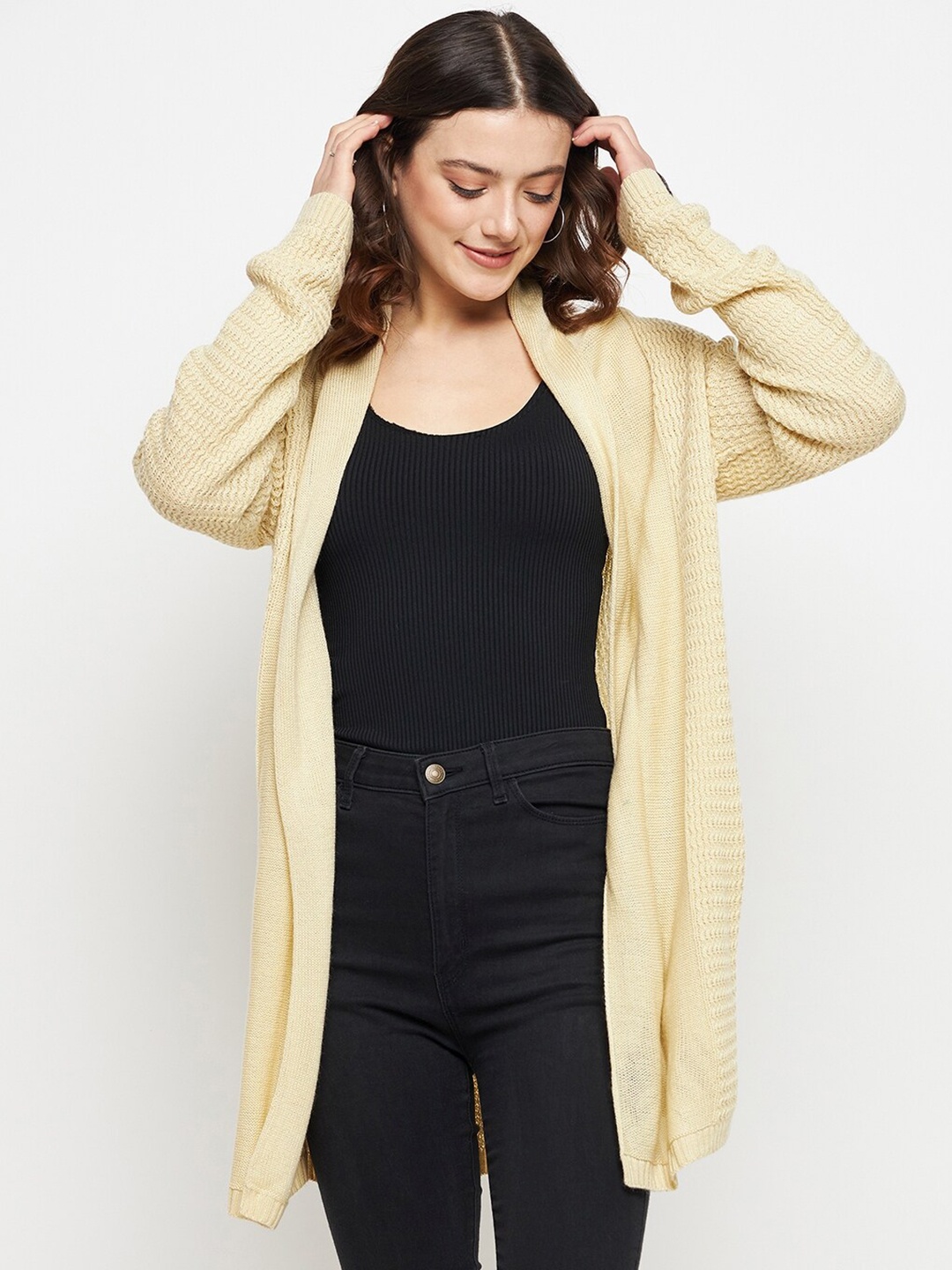 

CREATIVE LINE Self Design Knitted Longline Woolen Shrug, Beige
