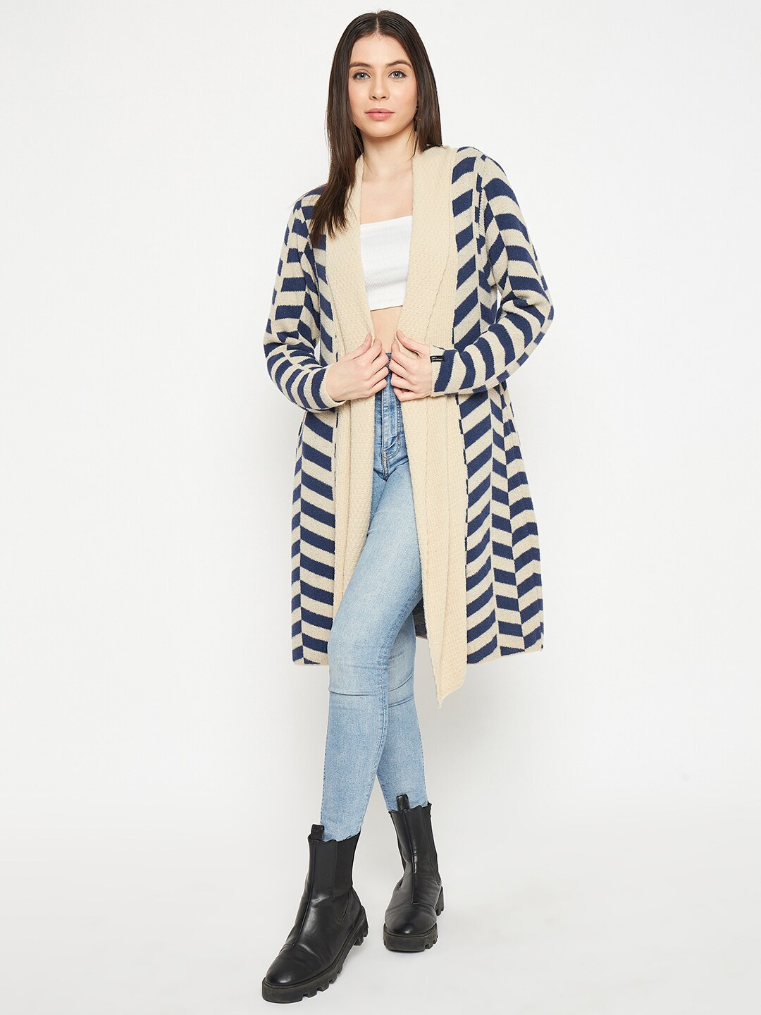 

CREATIVE LINE Geometric Self Design Knitted Longline Woolen Shrug, Navy blue