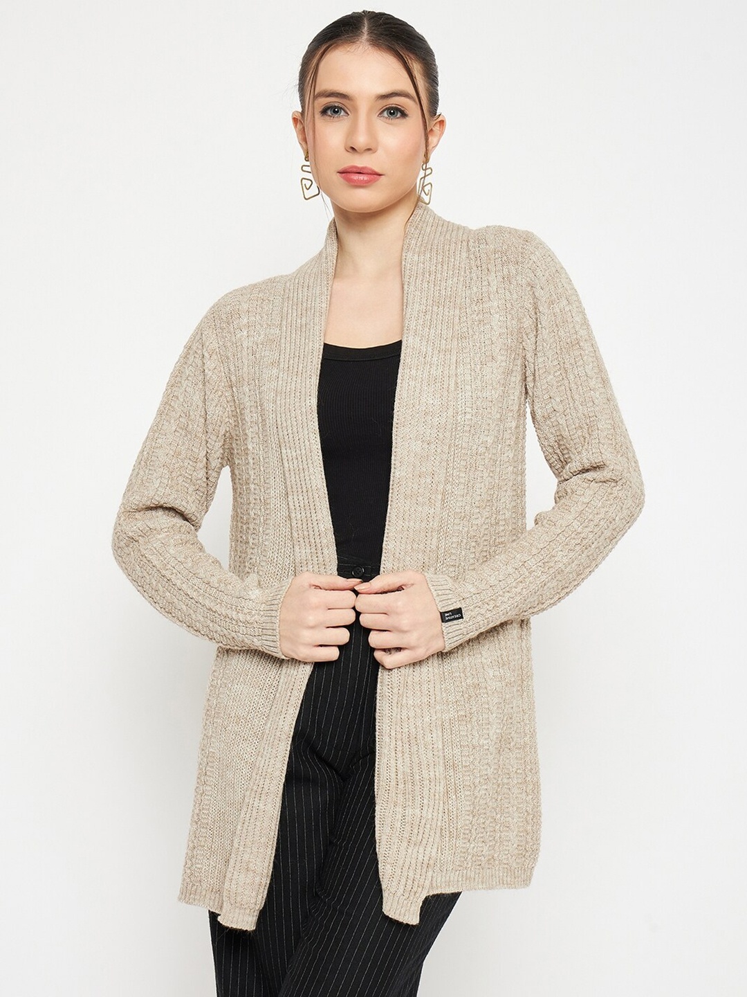 

CREATIVE LINE Self Design Knitted Longline Woolen Shrug, Beige