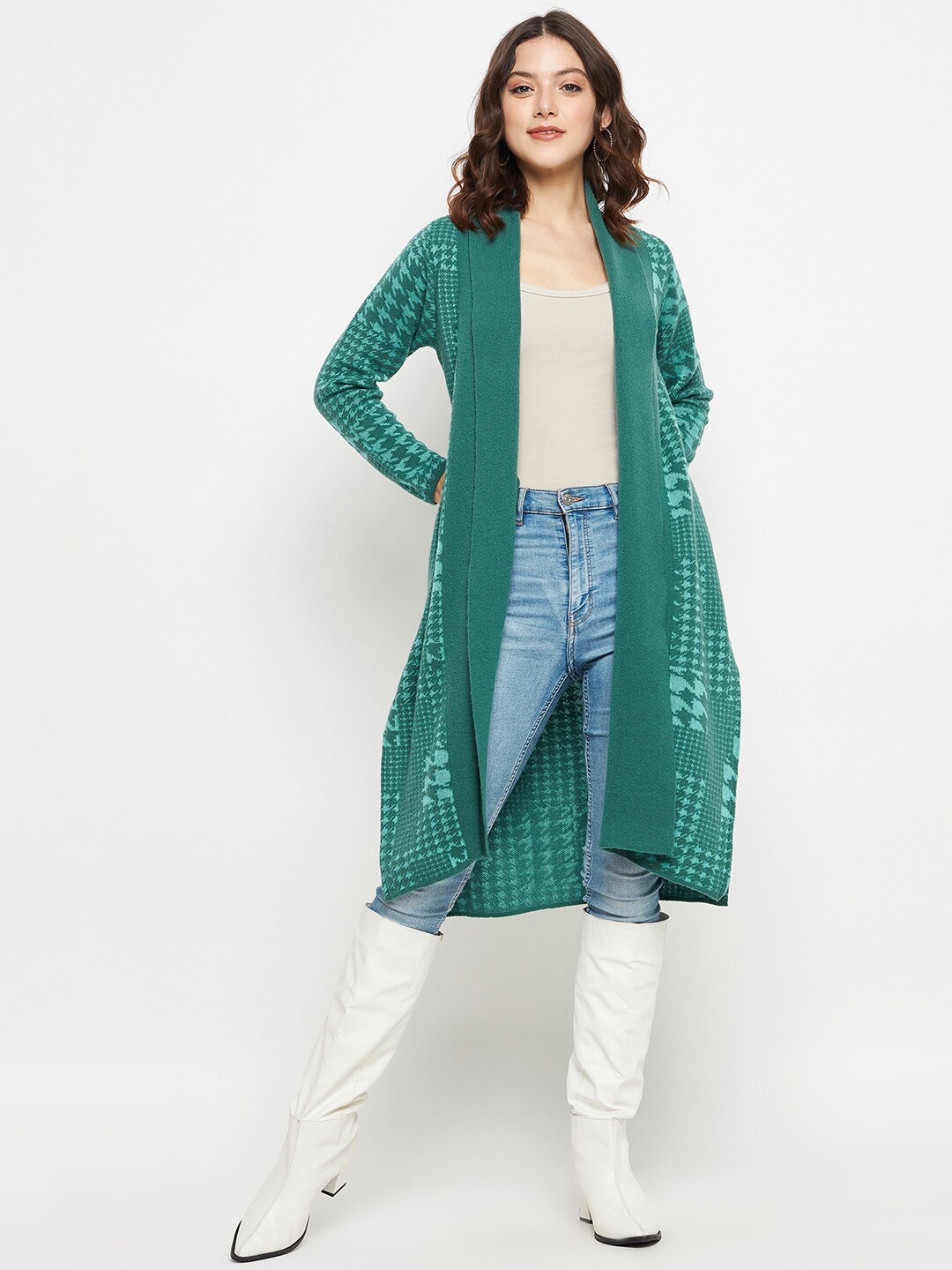 

CREATIVE LINE Geometric Self Design Knitted Longline Woolen Shrug, Green