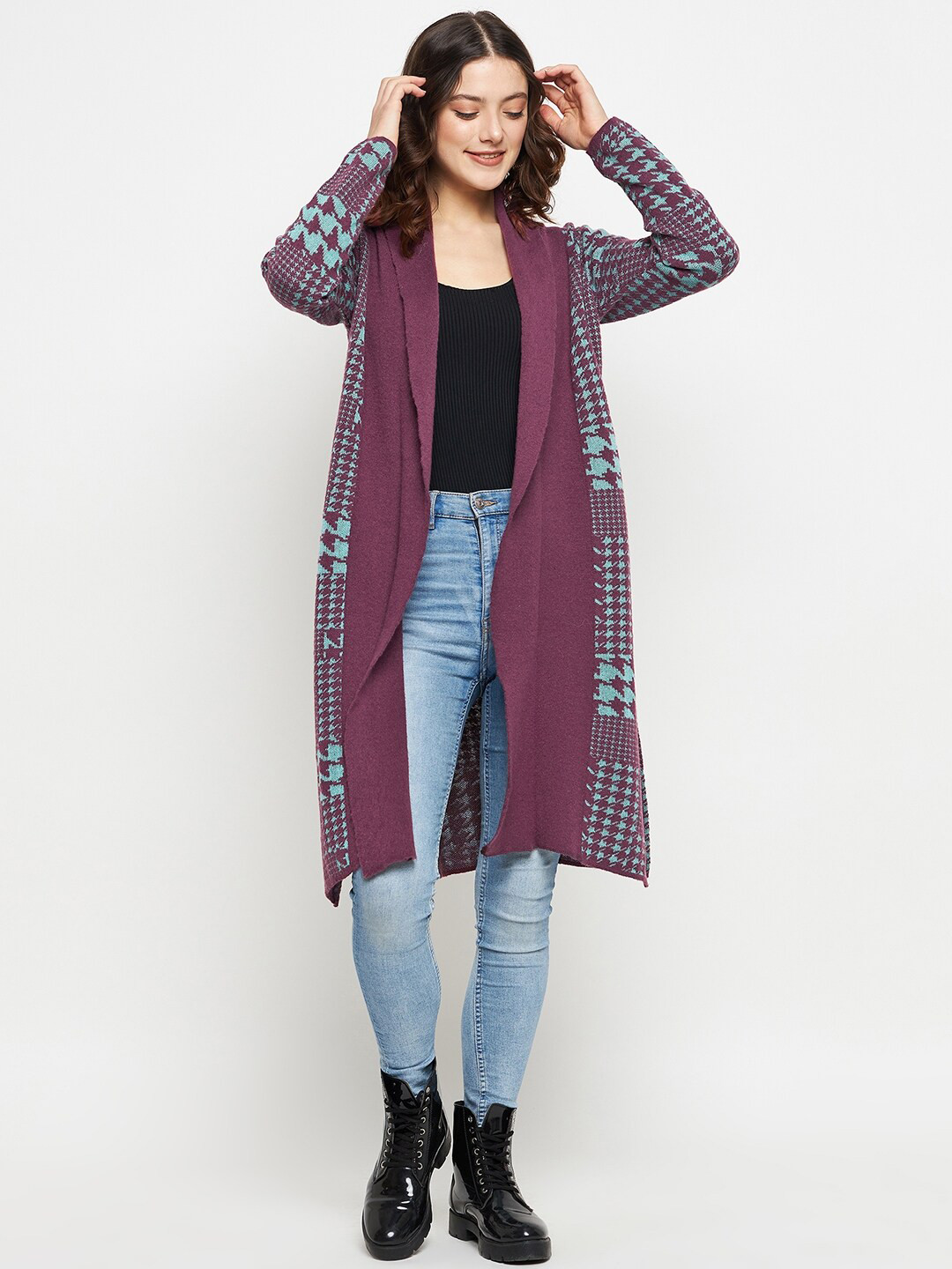 

CREATIVE LINE Geometric Self Design Knitted Longline Woolen Shrug, Brown