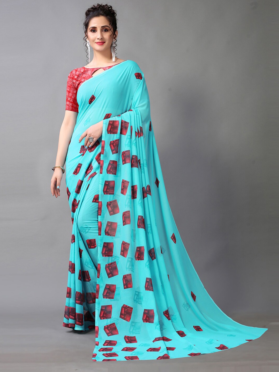 

KALINI Geometric Printed Saree, Turquoise blue