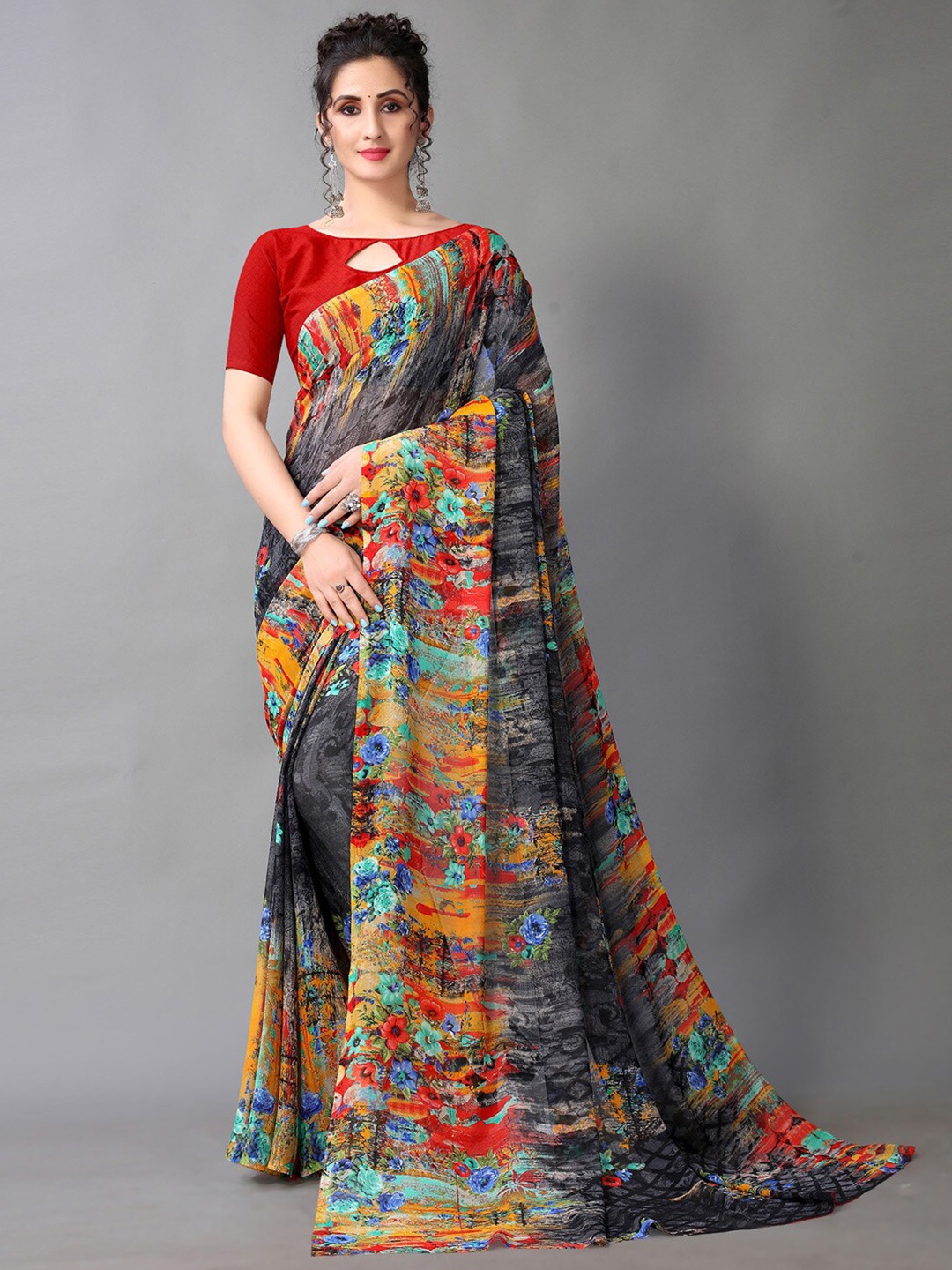 

KALINI Floral Pure Georgette Saree, Black