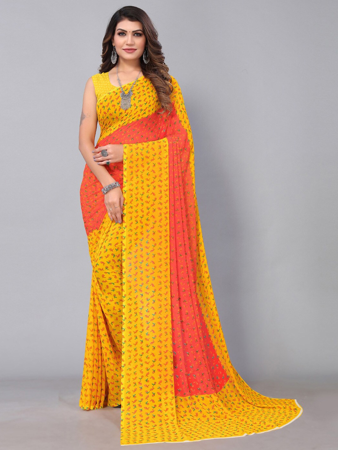 

KALINI Floral Printed Pure Georgette Saree, Yellow