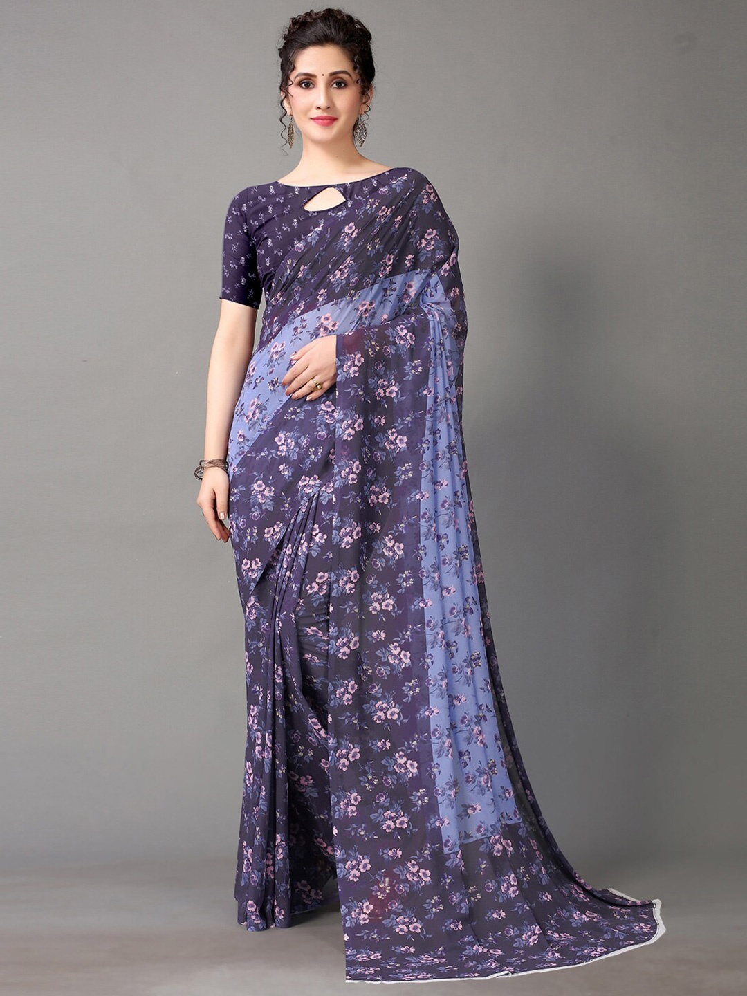 

KALINI Floral Poly Georgette Saree, Navy blue