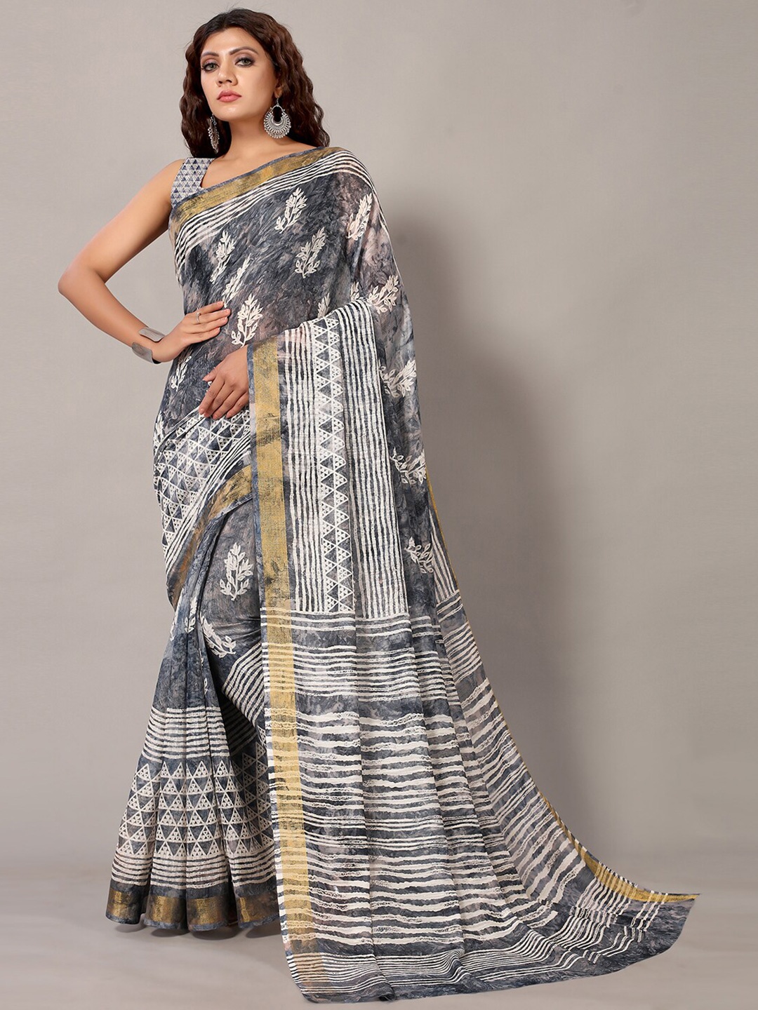 

KALINI Floral Printed Cotton Silk Zari Border Saree, Grey