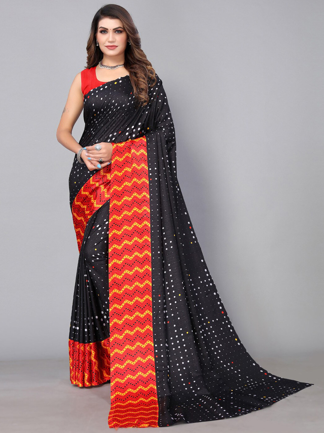 

KALINI Polka Dot Printed Saree, Black