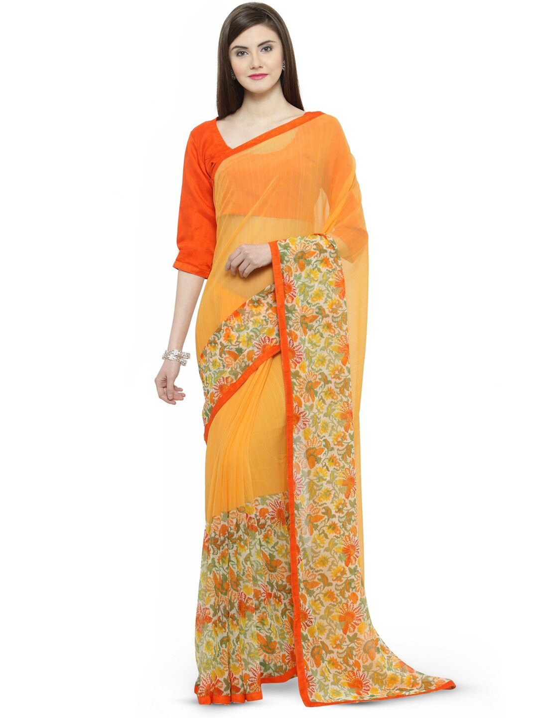 

KALINI Floral Pure Georgette Saree, Mustard