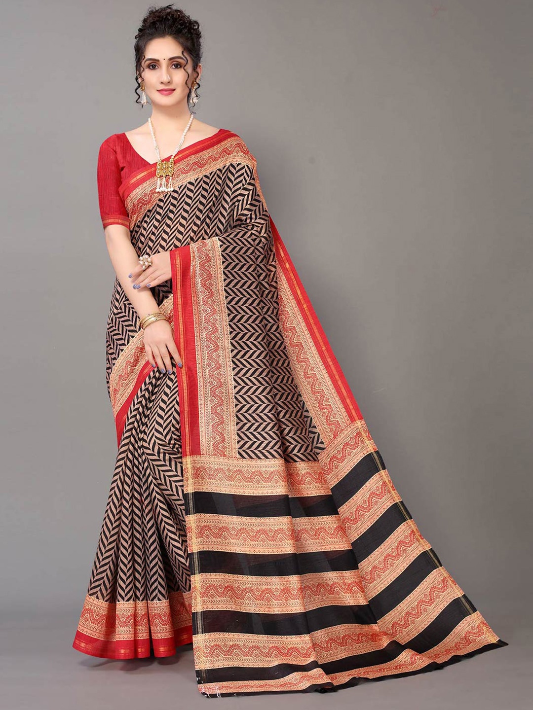 

KALINI Leheriya Printed Zari Art Silk Saree, Black