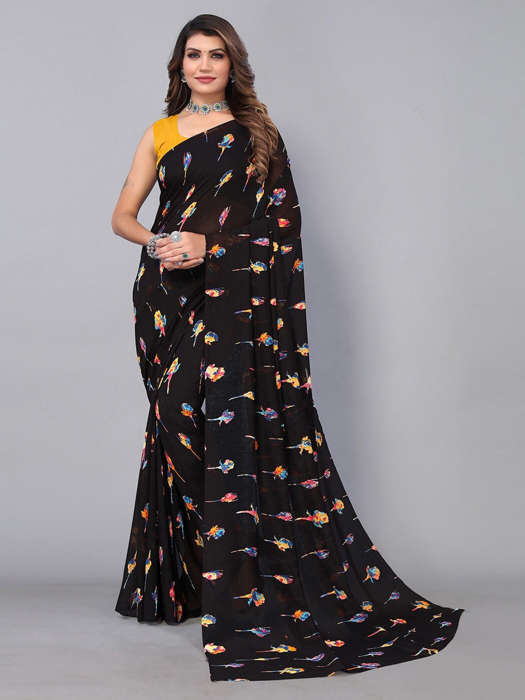 

KALINI Floral Printed Saree, Black