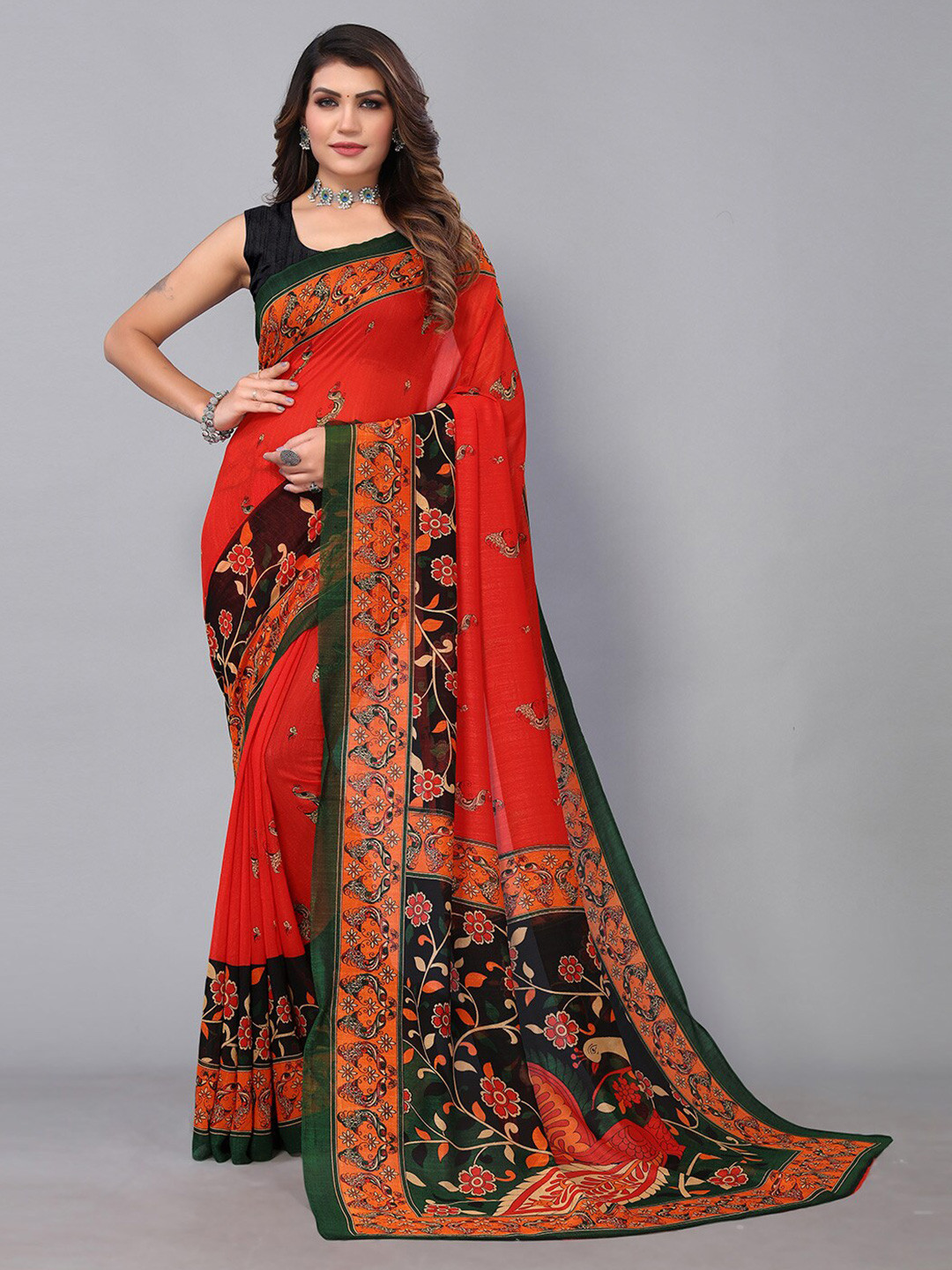 

KALINI Floral Poly Georgette Saree, Red