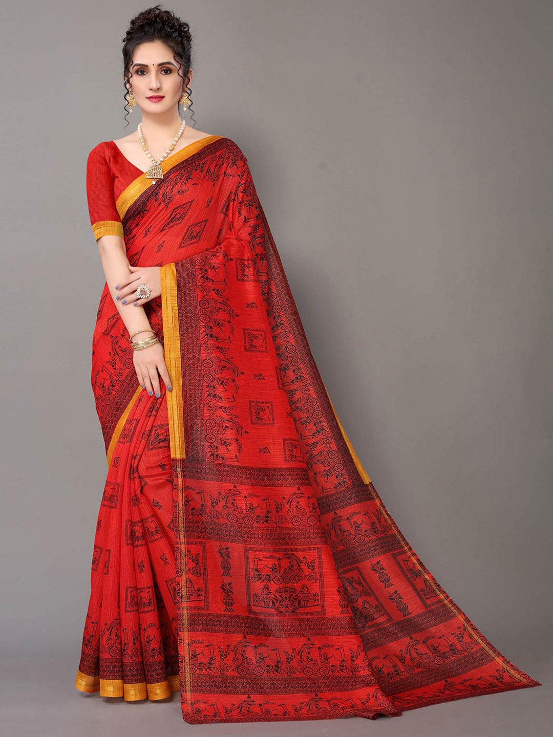 

KALINI Ethnic Motifs Printed Zari Saree, Red