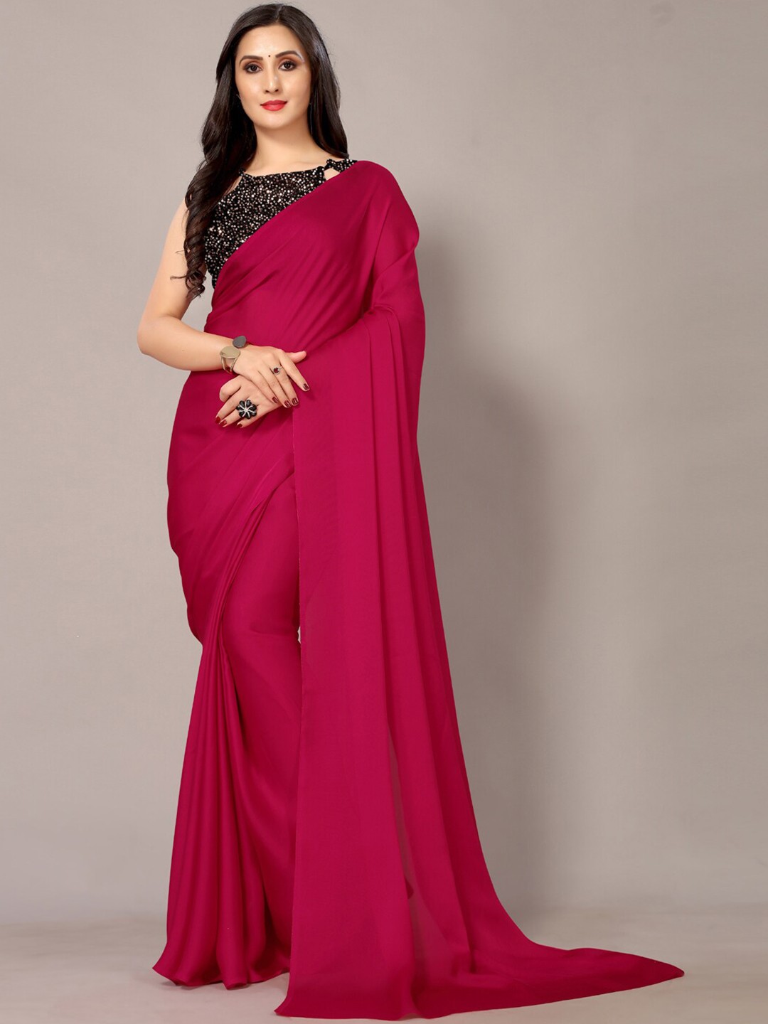

KALINI Solid Satin Saree, Magenta