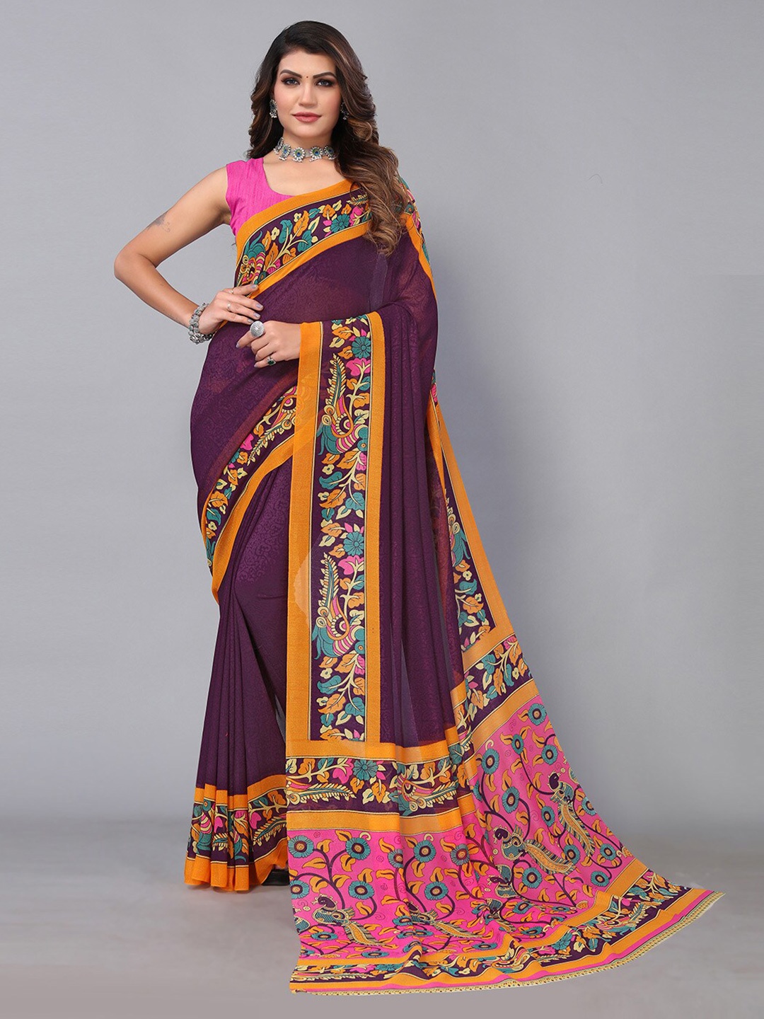 

KALINI Ethnic Motifs Poly Georgette Saree, Purple