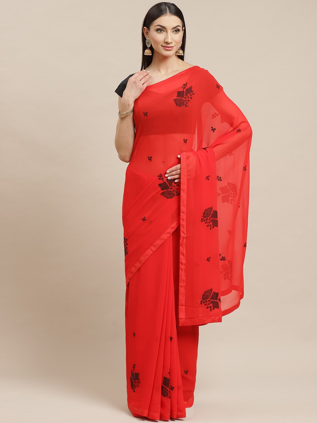 

KALINI Floral Embroidered Pure Georgette Saree, Red