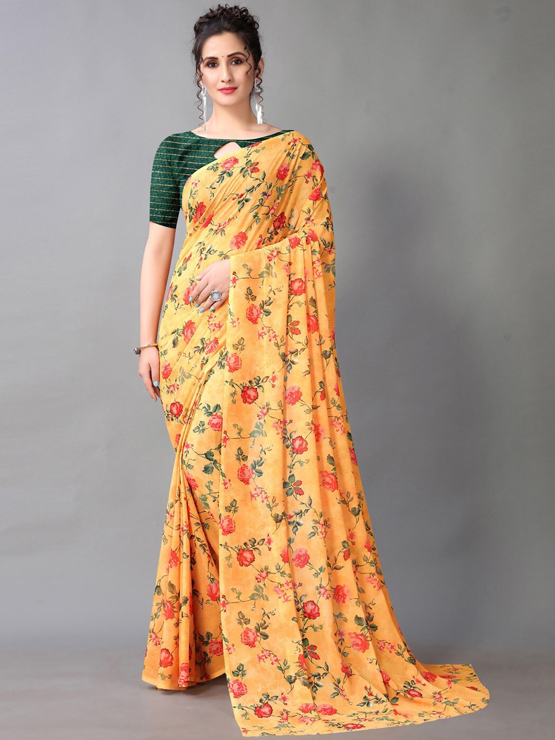 

KALINI Yellow Floral Printed Pure Georgette Saree