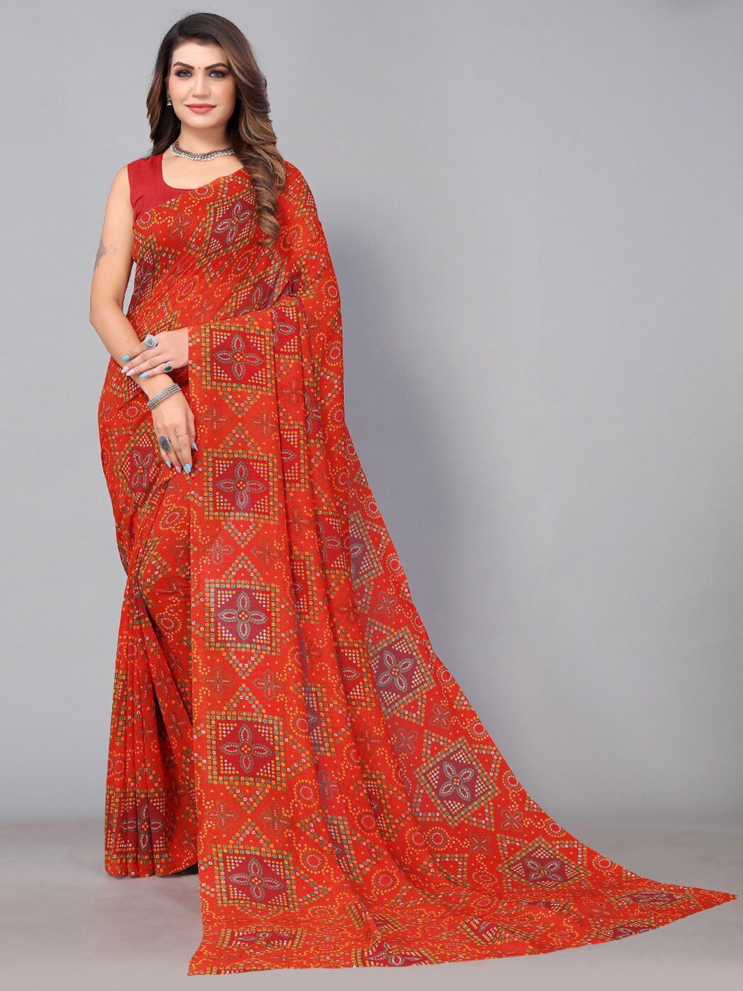 

KALINI Bandhani Poly Georgette Bandhani Saree, Red