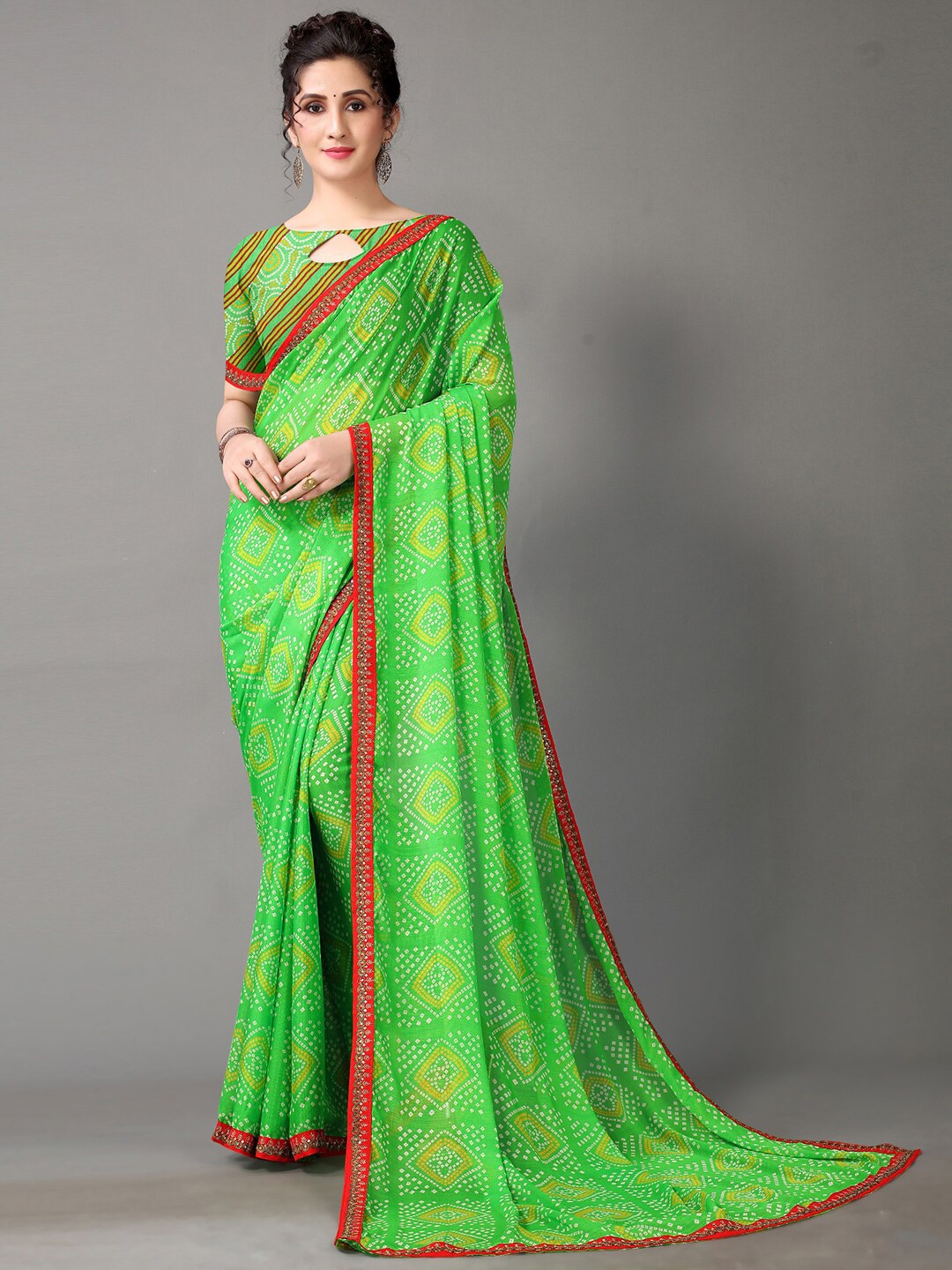 

KALINI Bandhani Printed Embroidered Saree, Green