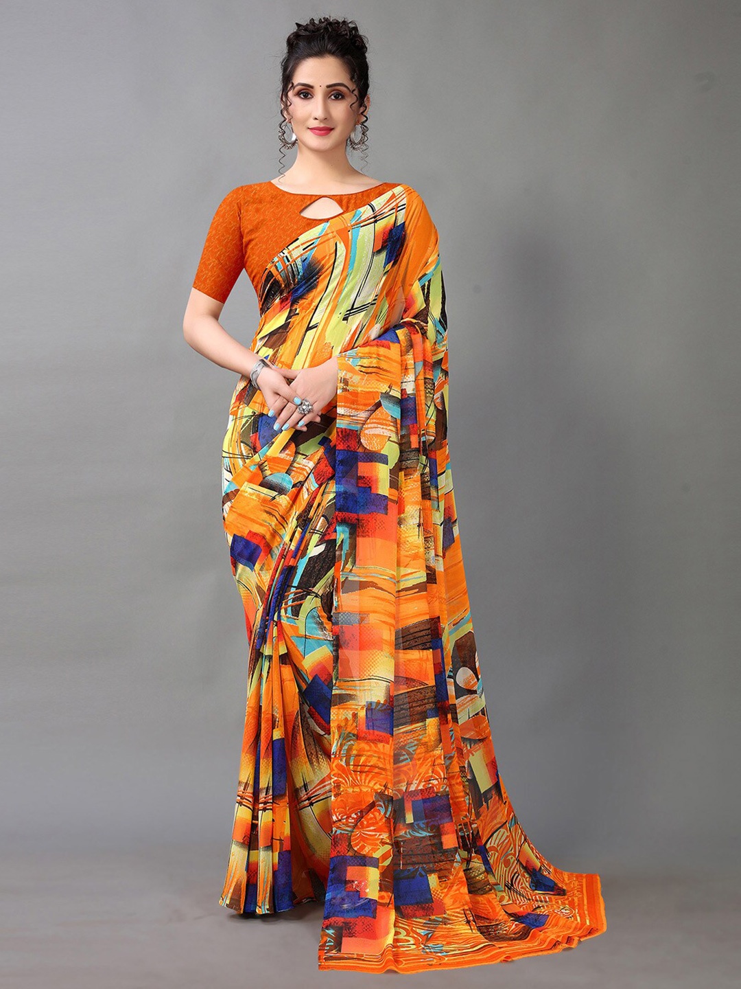 

KALINI Abstart Printed Pure Georgette Saree, Orange