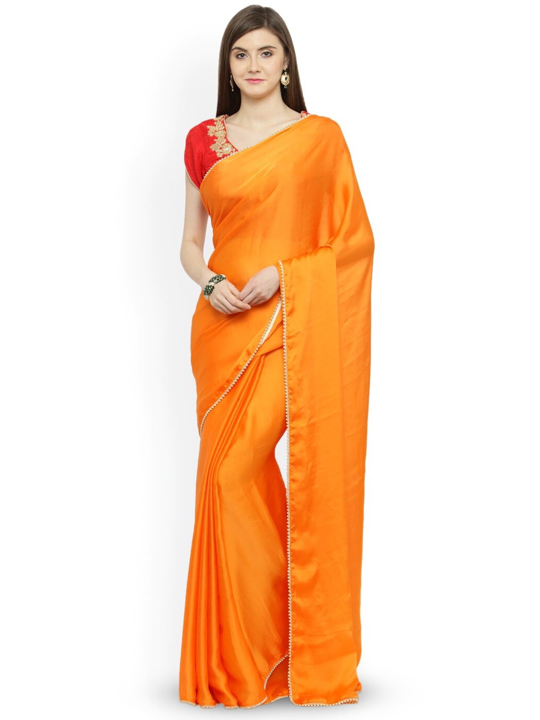 

KALINI Embroidered Satin Saree, Orange