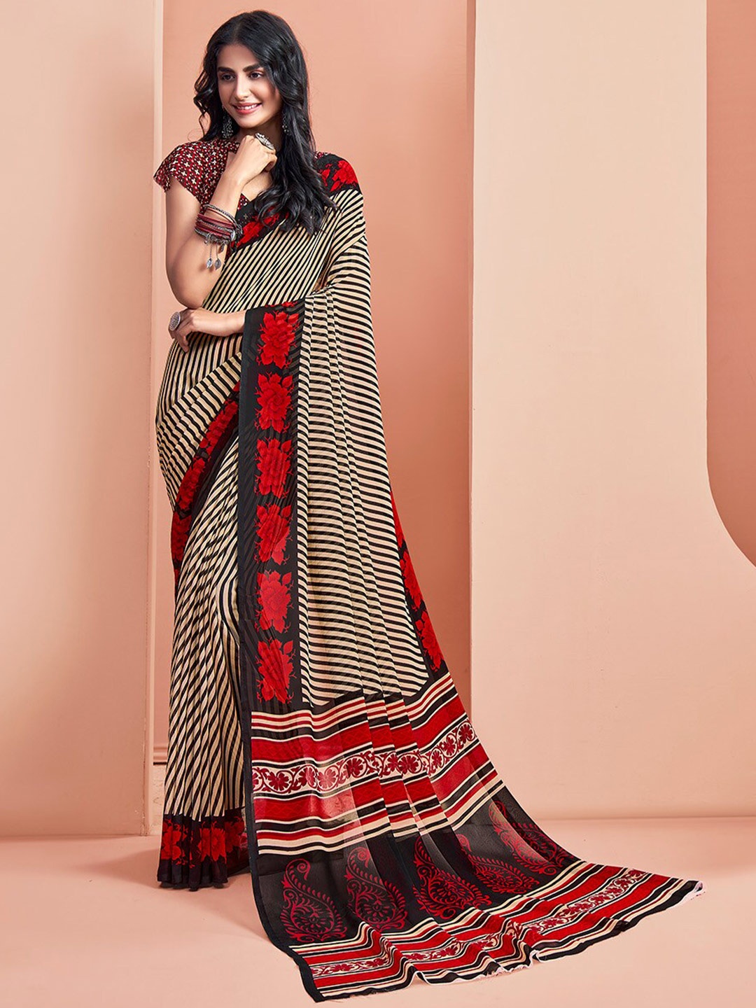

KALINI Poly Georgette Striped Printed Saree, Beige