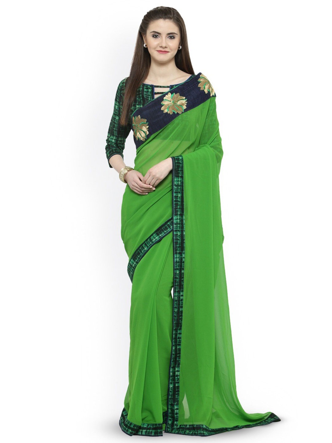 

KALINI Poly Georgette Art Silk Solid Embroidered Saree, Green