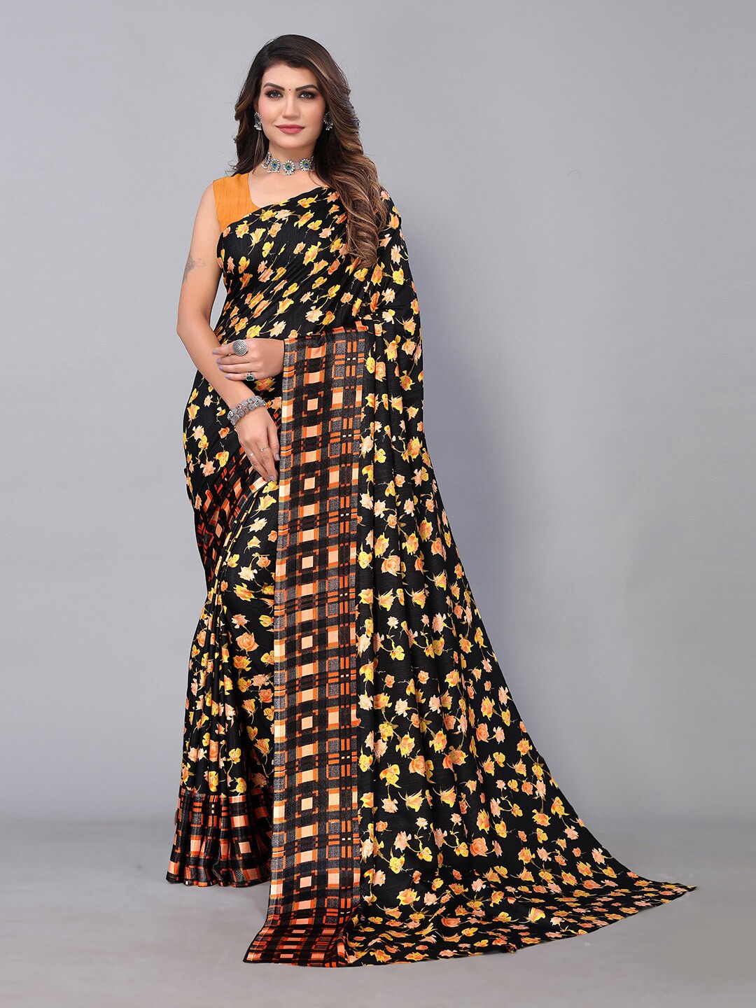 

KALINI Floral Printed Poly Georgette Saree, Black