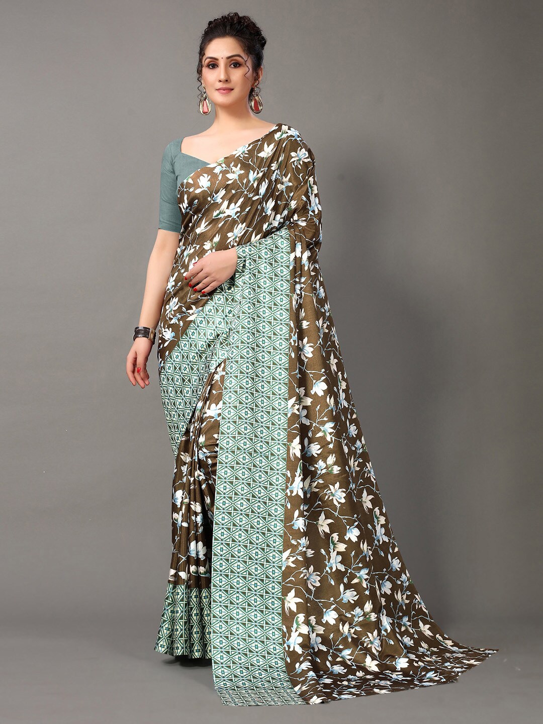 

KALINI Olive Green and White Floral Printed Georgette Saree