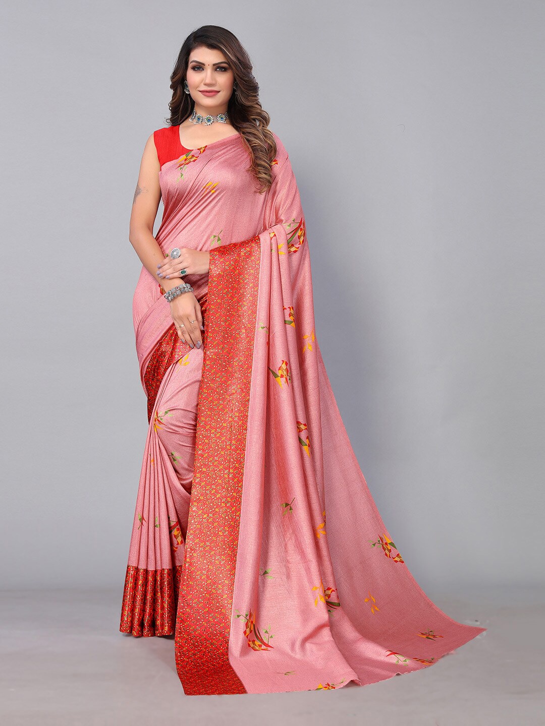 

KALINI Floral Printed Poly Georgette Saree, Peach