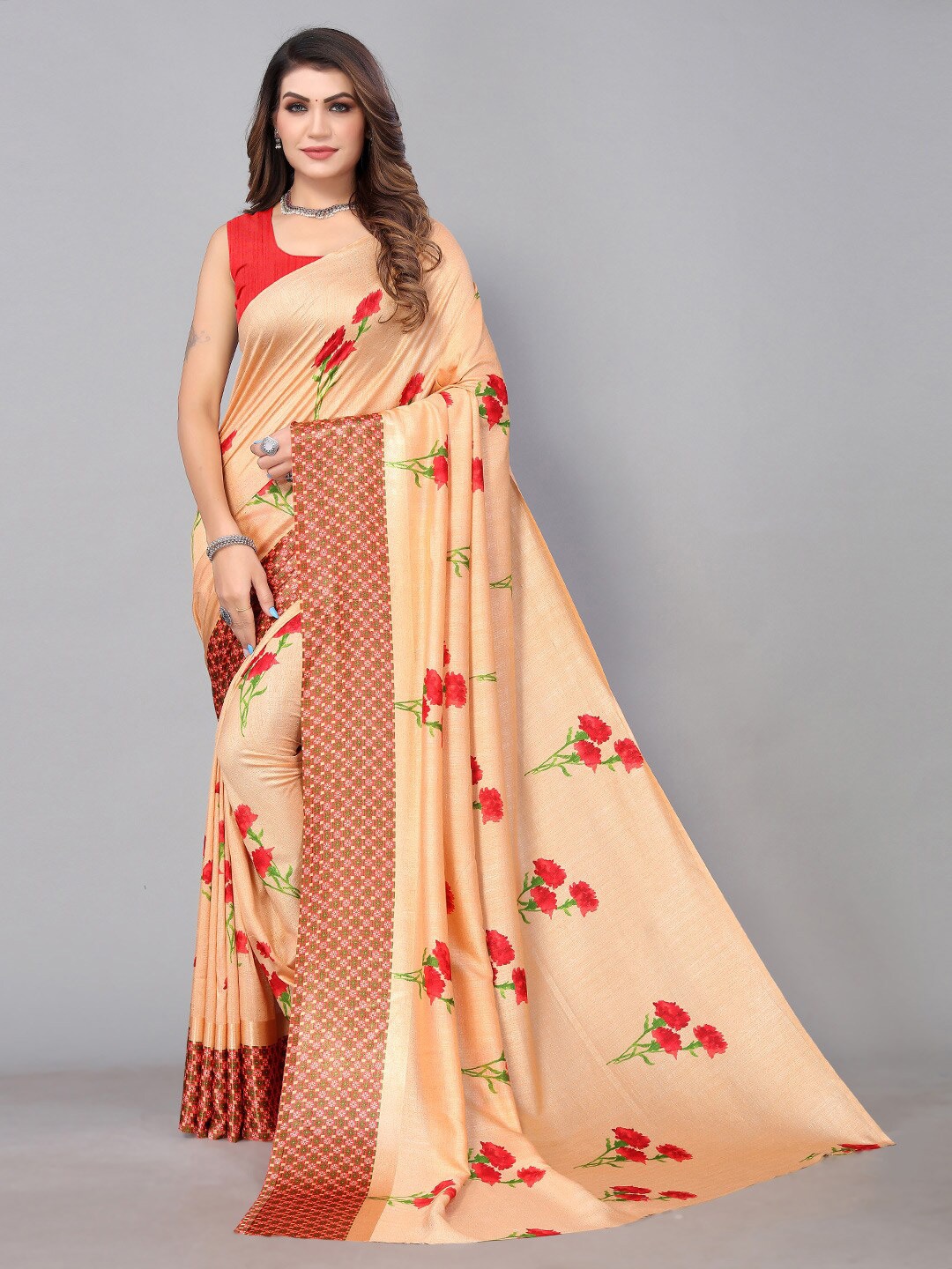 

KALINI Floral Printed Poly Georgette Saree, Cream
