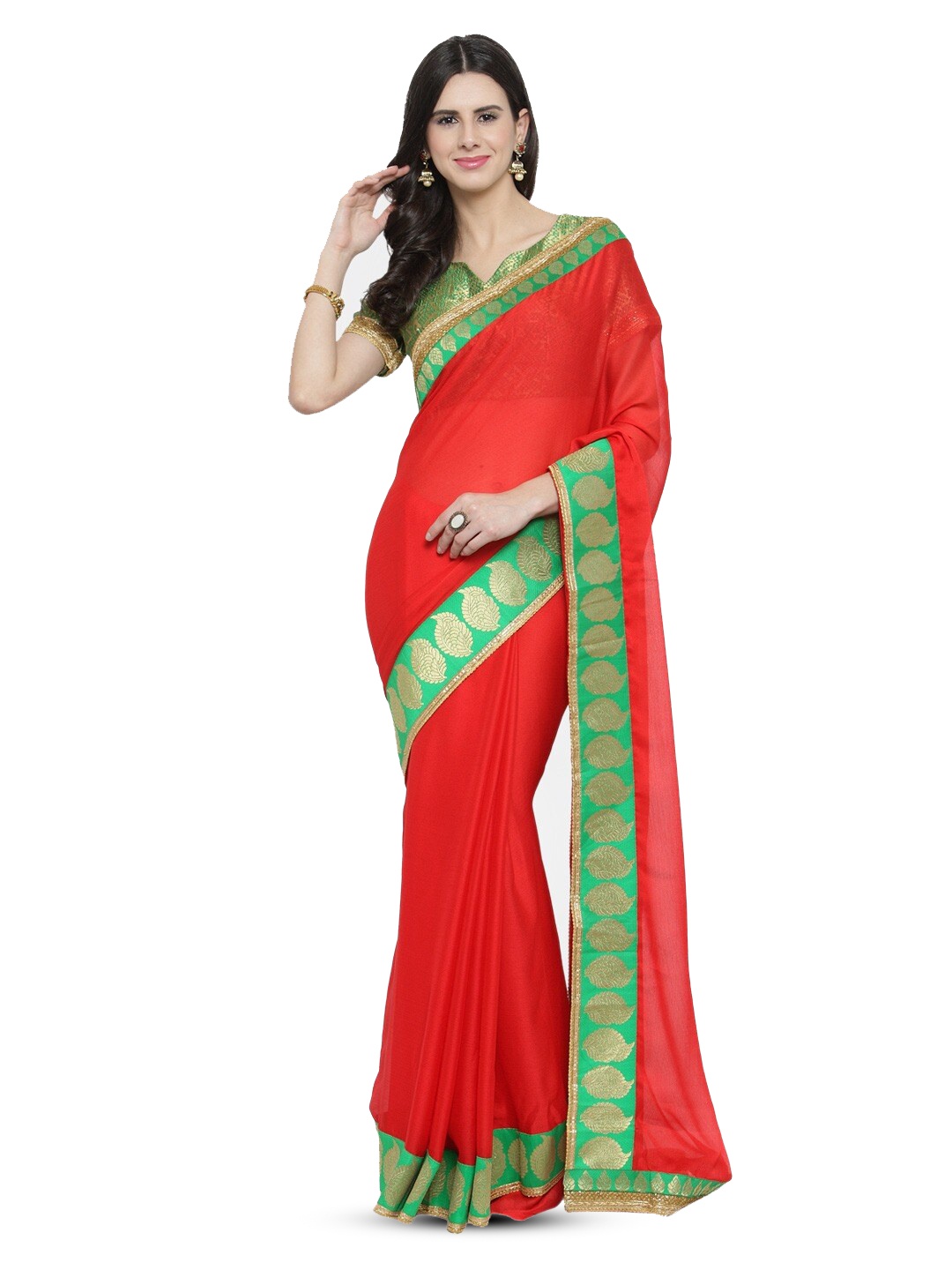 

KALINI Zari Ethnic Motifs Pure Chiffon Saree, Red