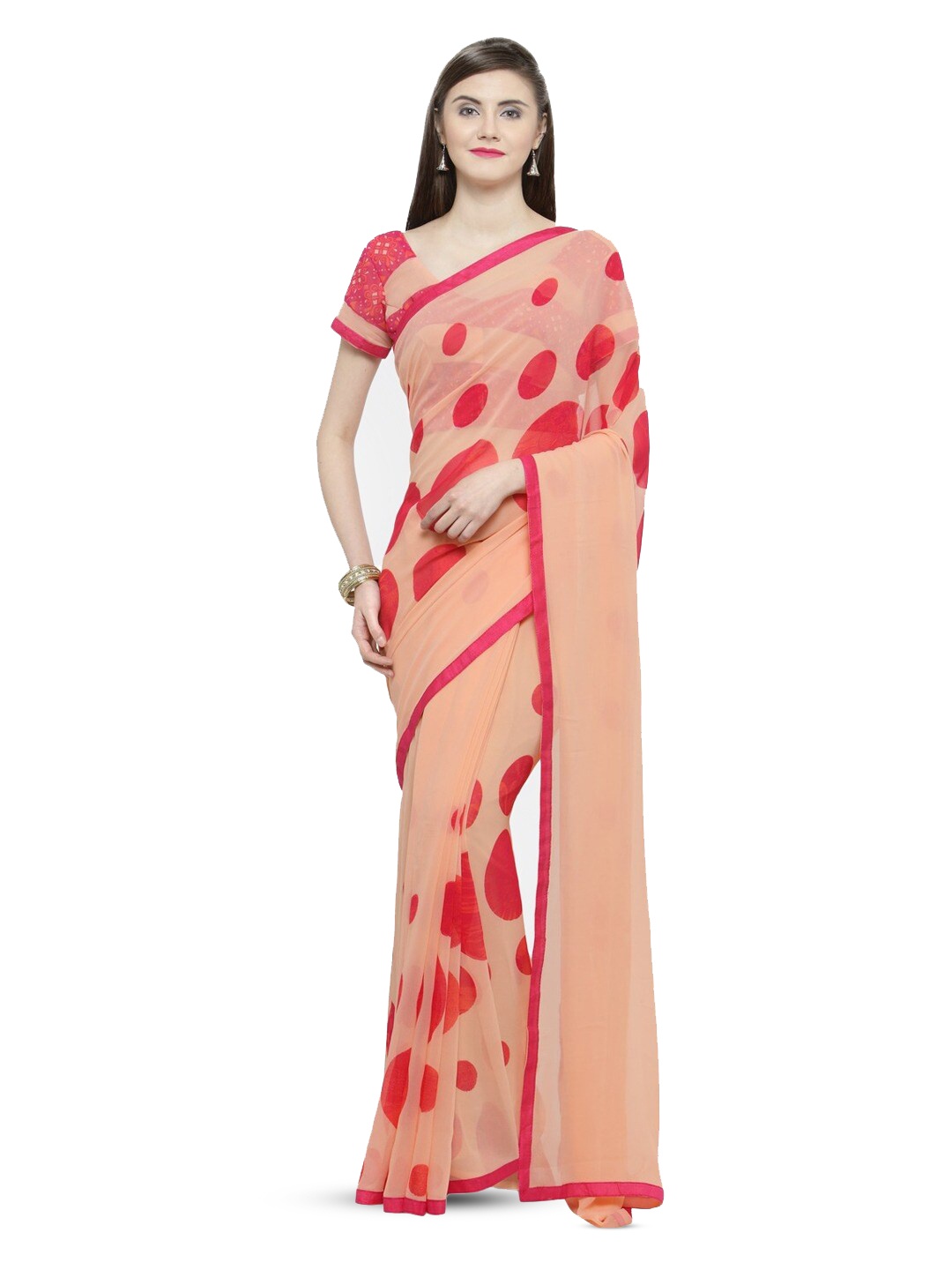 

KALINI Floral Pure Georgette Polka Dots Printed Saree, Peach