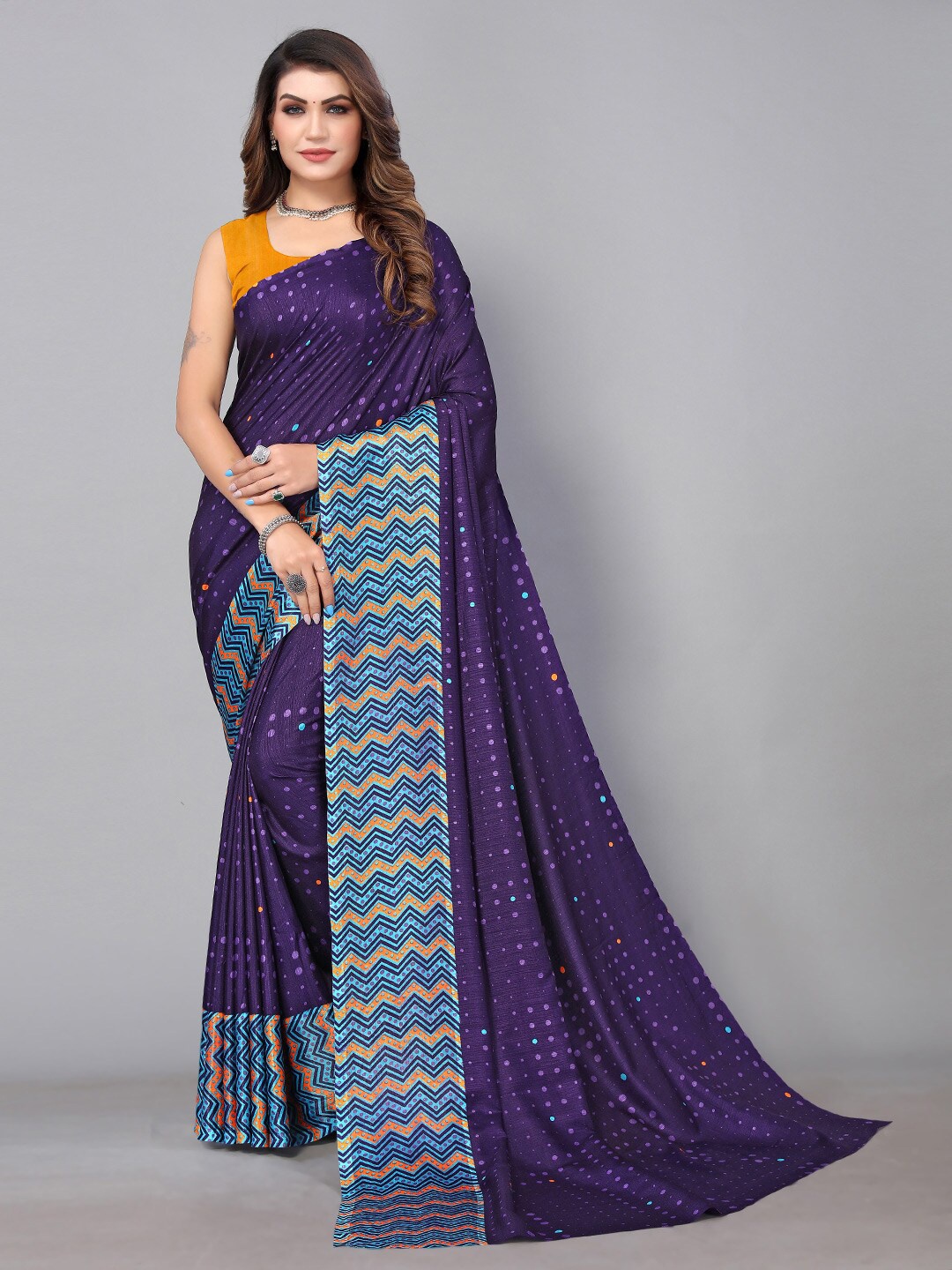 

KALINI Polka Dot Printed Poly Georgette Saree, Purple