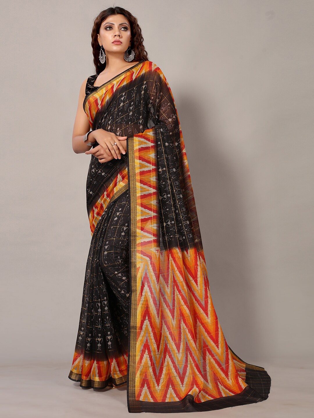 

KALINI Floral Zari Cotton Saree, Black