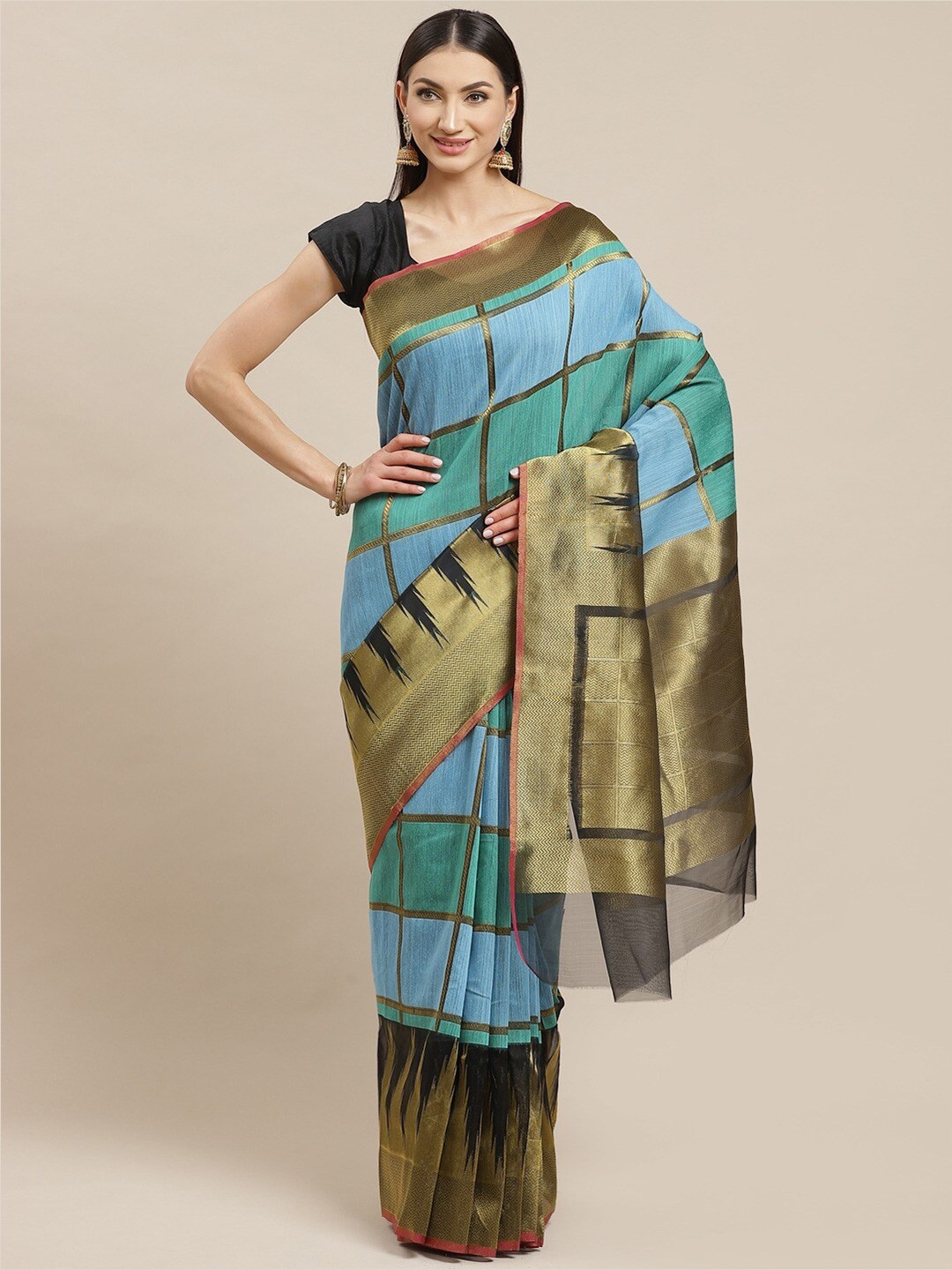 

KALINI Checked Silk Cotton Saree, Blue