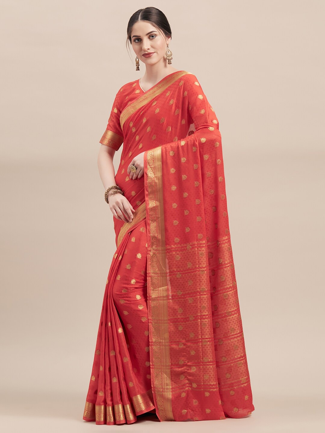 

KALINI Ethnic Motifs Silk Blend Saree, Red
