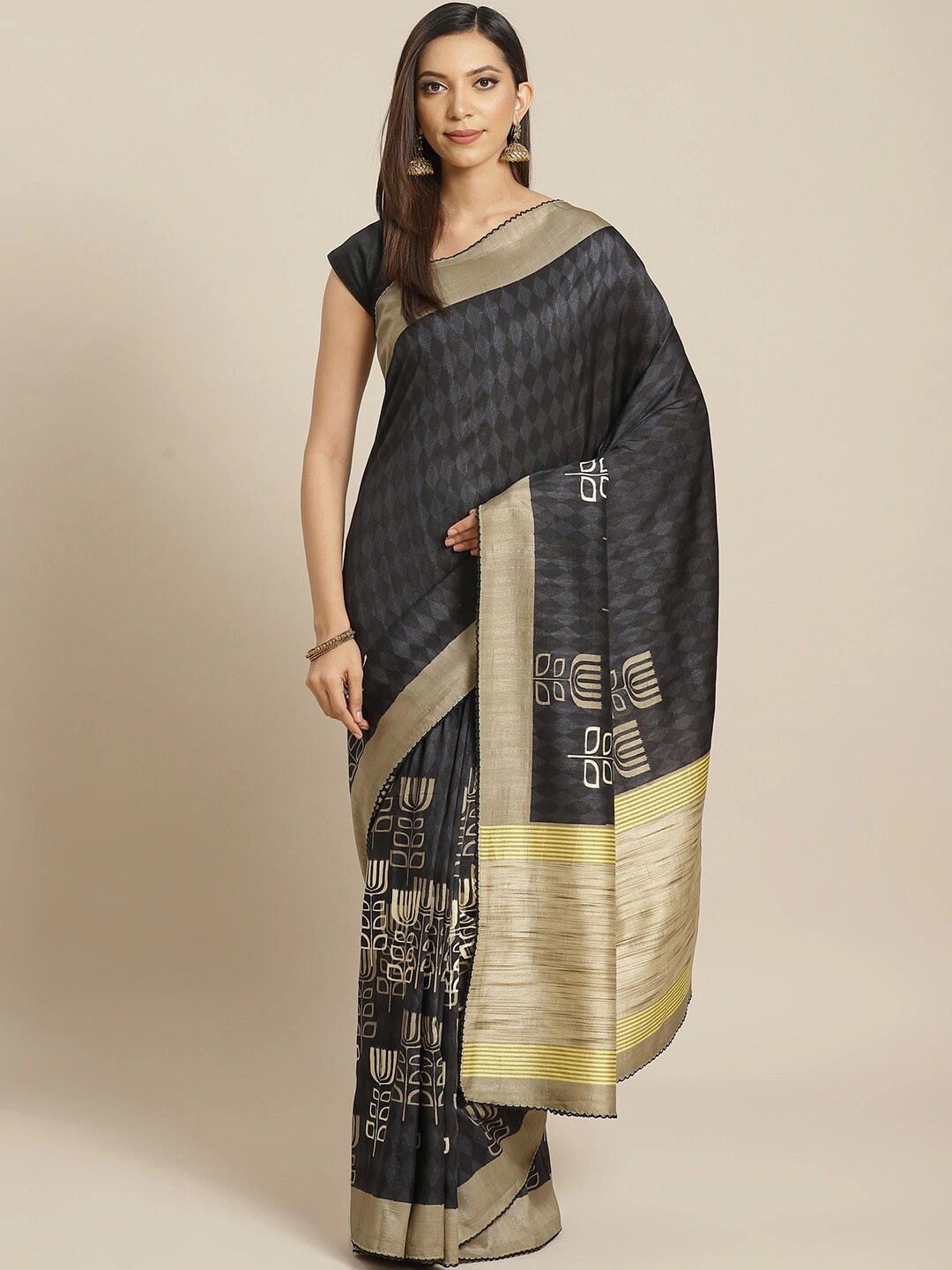 

KALINI Geometric Printed Art Silk Saree, Black
