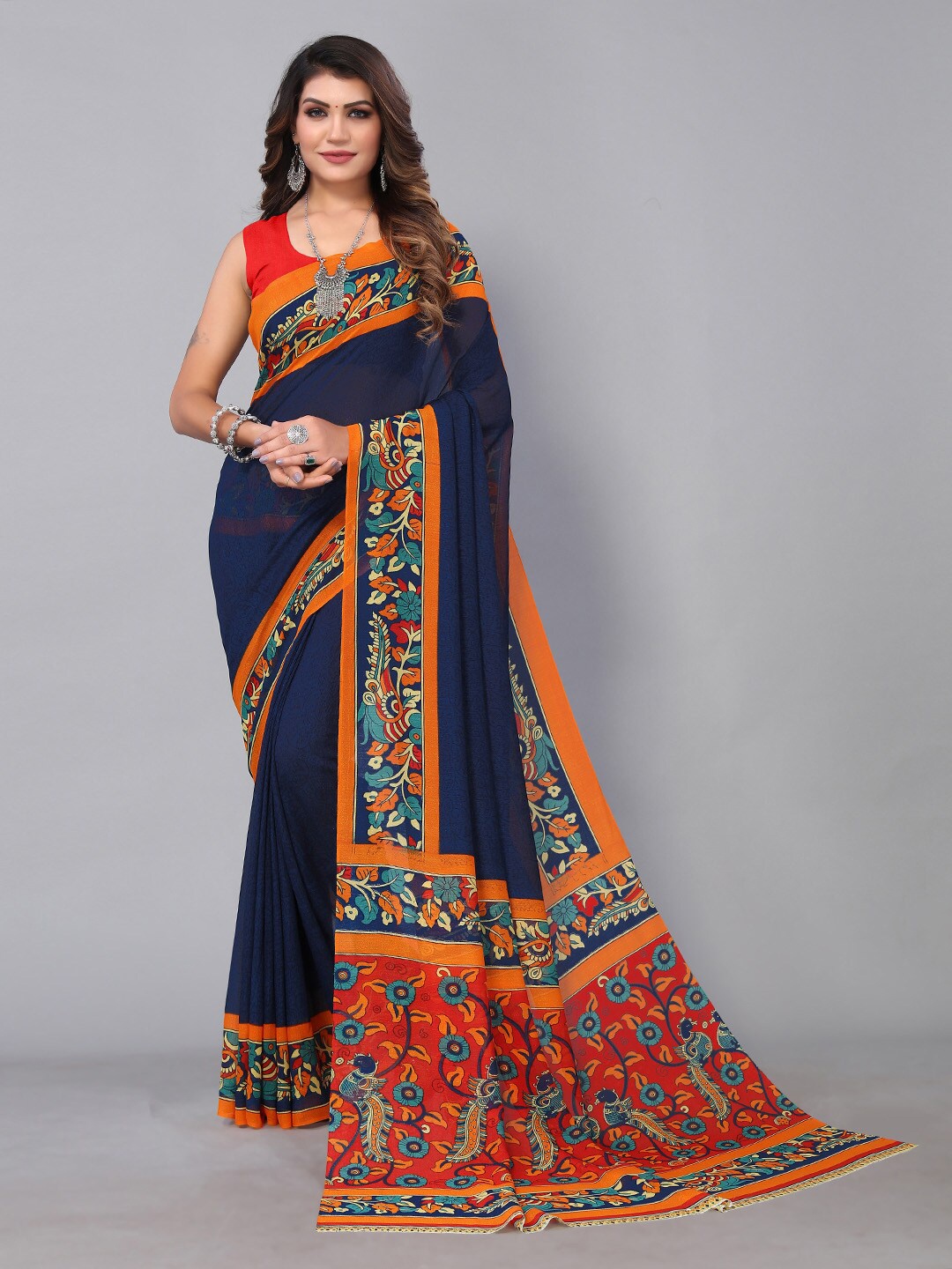 

KALINI Ethnic Motifs Printed Poly Georgette Saree, Navy blue