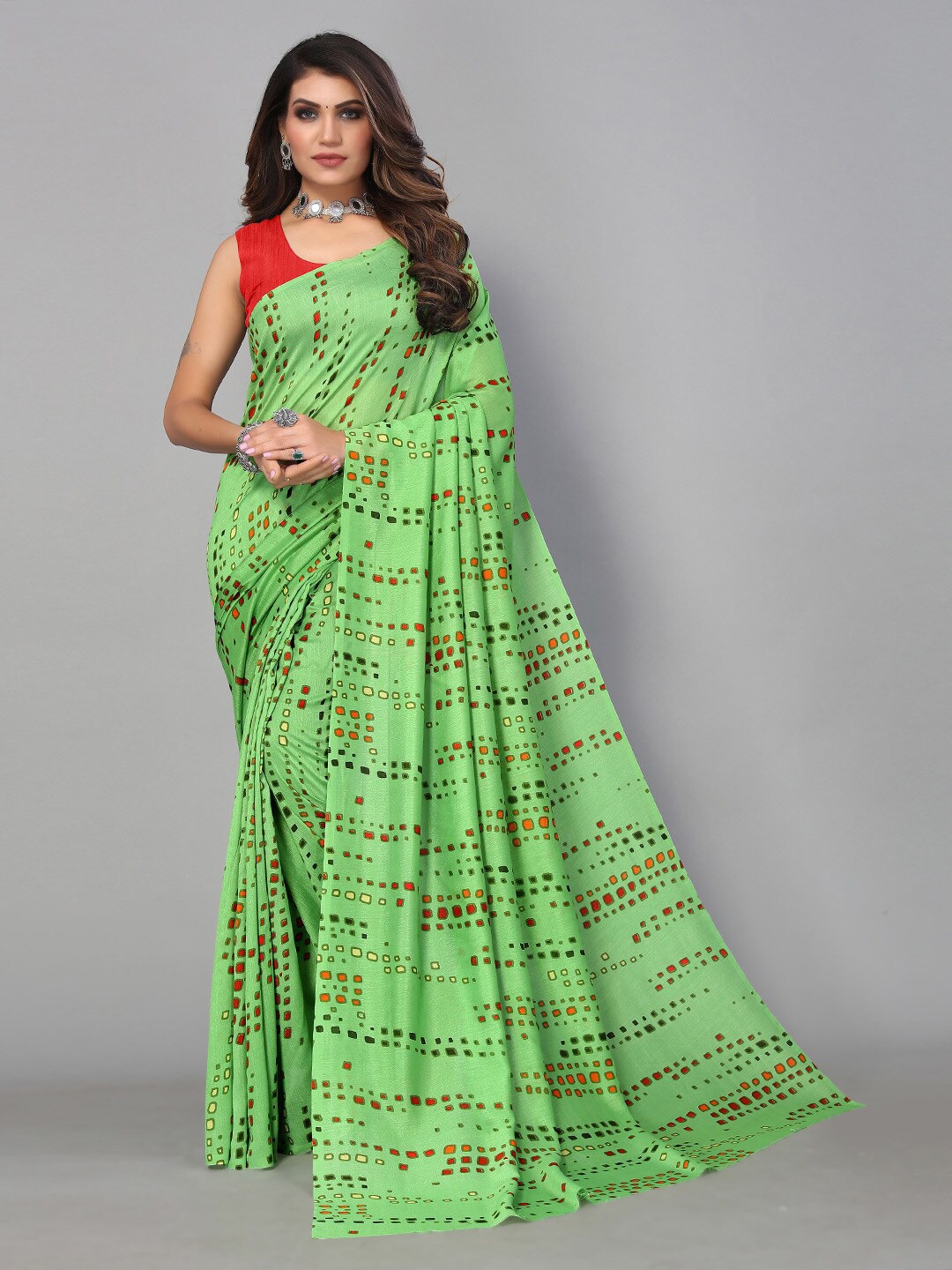 

KALINI Geometric Printed Poly Georgette Saree, Green