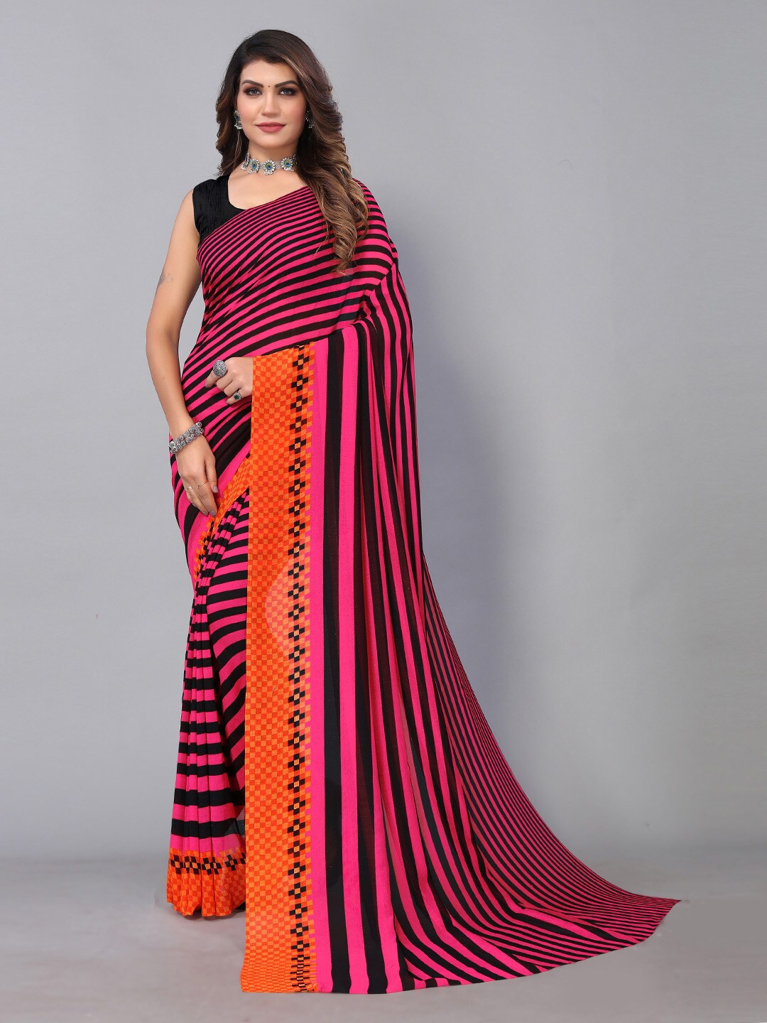 

KALINI Striped Poly Georgette Saree, Pink