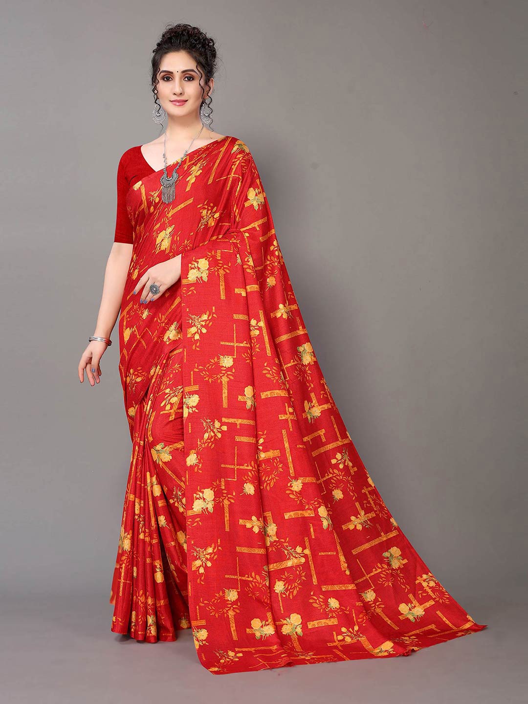 

KALINI Floral Printed Art Silk Saree, Red