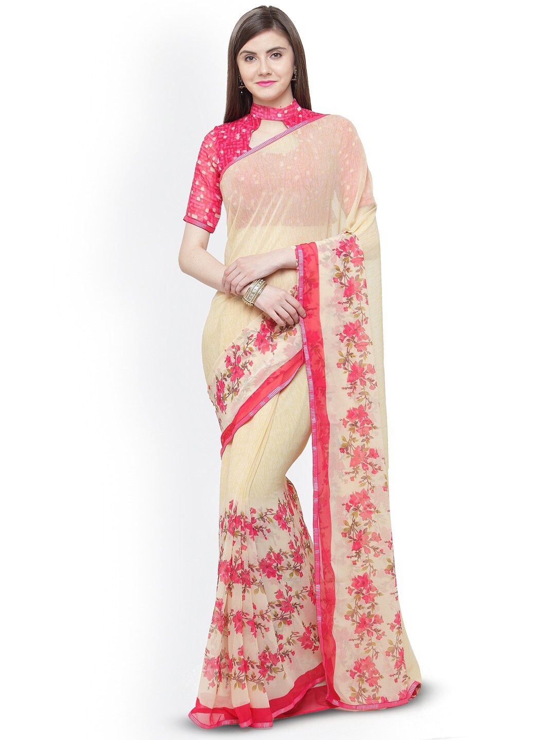 

KALINI Floral Printed Pure Georgette Saree, Green