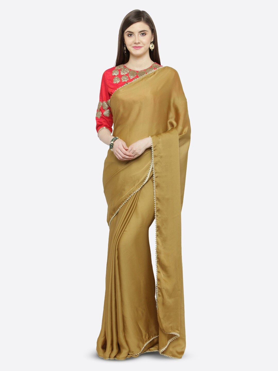 

KALINI Embroidered Satin Saree, Beige