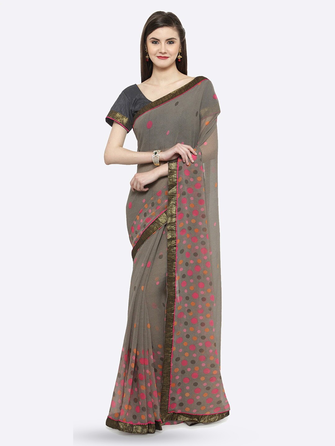 

KALINI Polka Dots Printed Pure Georgette Saree, Grey