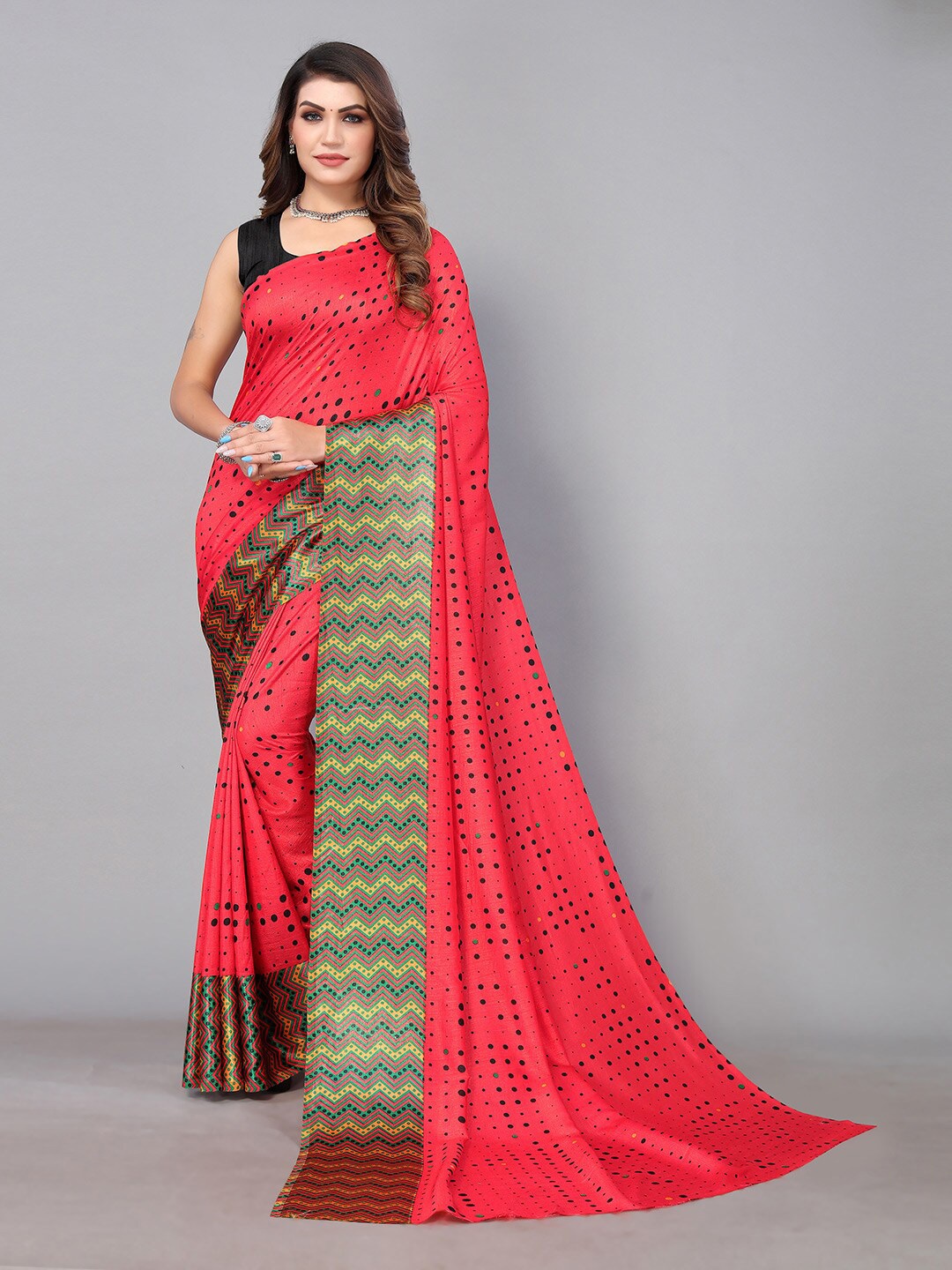 

KALINI Polka Dot Poly Georgette Saree, Red