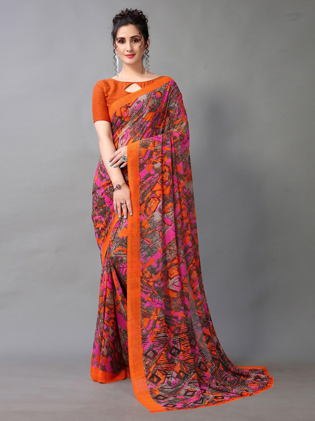

KALINI Abstract Printed Pure Georgette Saree, Orange