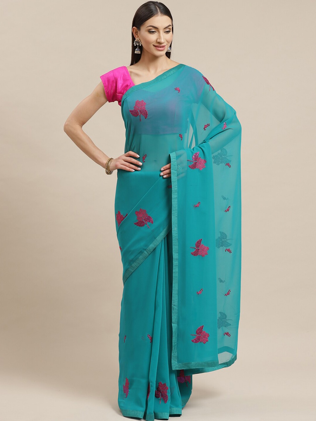 

KALINI Floral Embellished Sequinned Pure Georgette Saree, Green