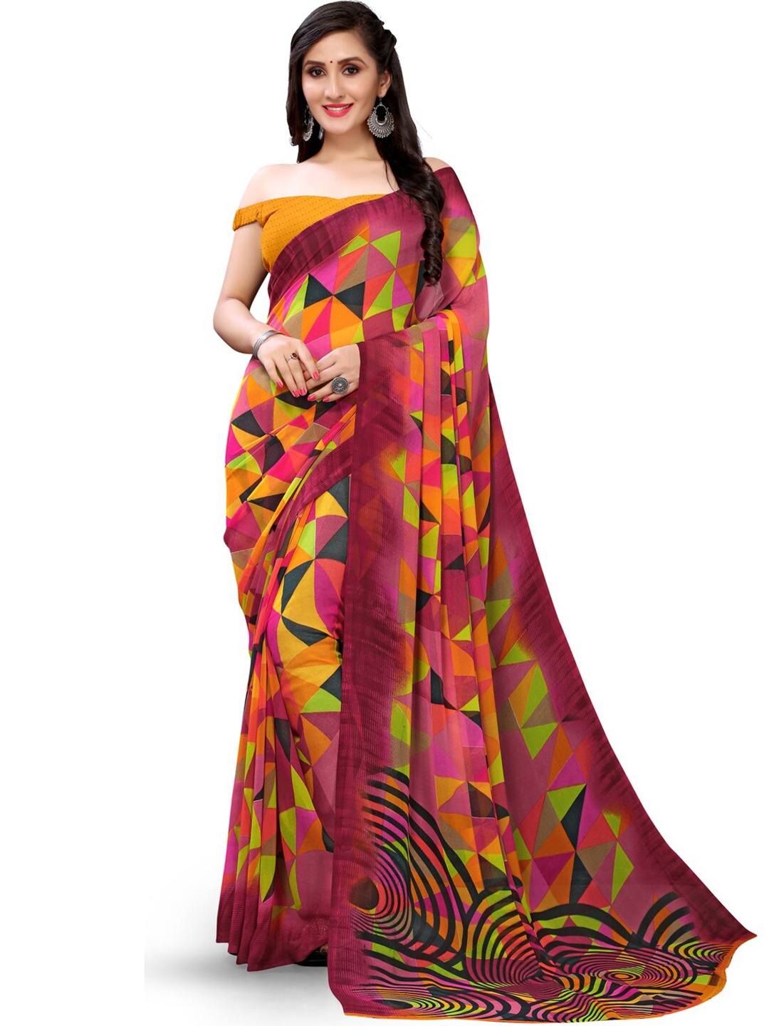 

KALINI Geometric Printed Pure Georgette Saree, Pink